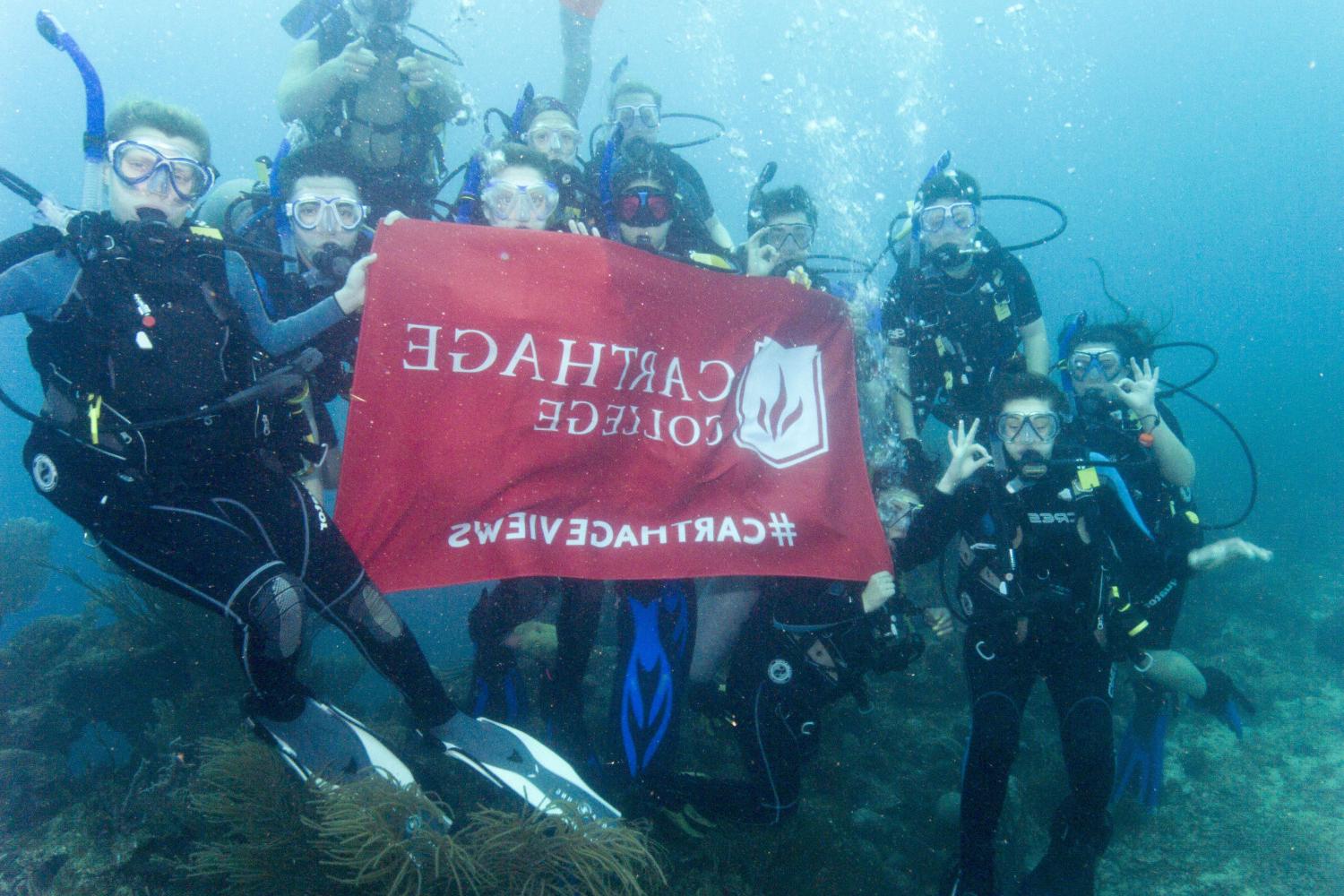 学生们手持<a href='http://l7sa.malutang.com/'>博彩网址大全</a>旗帜，在j学期洪都拉斯游学之旅中潜水.